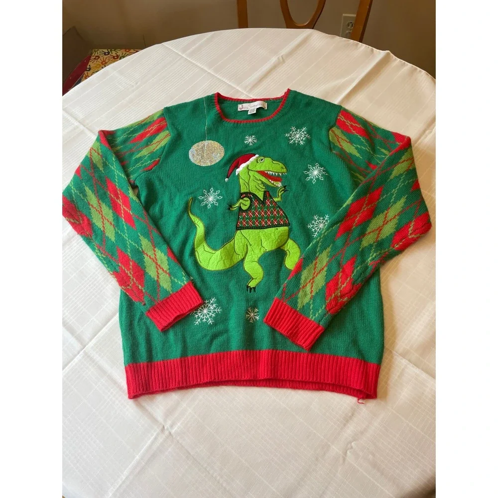 Jolly Sweaters Dinosaur Christmas Sweater Holiday Party Green Red M/M‎